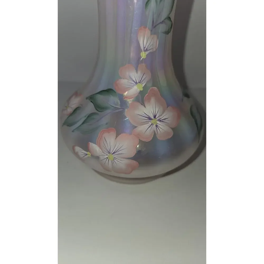 Vintage Fenton Hand-Painted Opalescent Ruffled Glass Floral Vase Signed